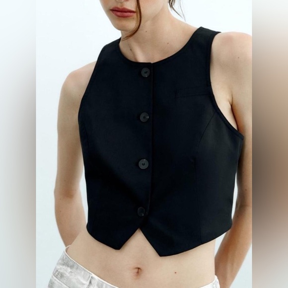Zara Black Cropped Button Down Vest Size XL - Picture 7 of 11